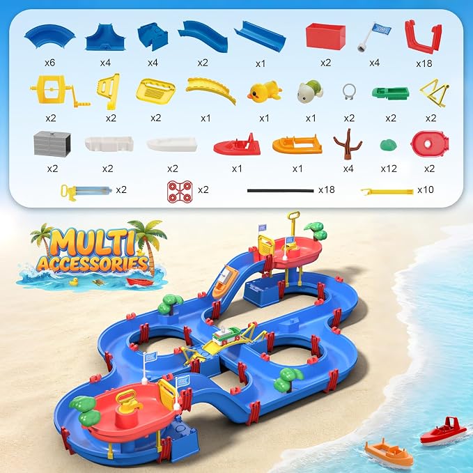 VATOS 2-Tier Toddlers Water Table Toy, 114 PCS DIY Dual-Basin Water Pump, Summer Outdoor Water Toys Backyard, Beach, Balcony, Garden Fun Water Playset for Girls, Boys 3-5 Years Old Pets Families