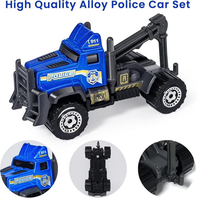 Oriate 6 PCS 1:64 Die-Cast Police Car Toys & Emergency Vehicles Set - Include Helicopter, Tow Truck Toy, ATV - Cake Topper, Police Cars Party Favors, Birthday Gift for Boys Girls Ages 3 4 5 and Above