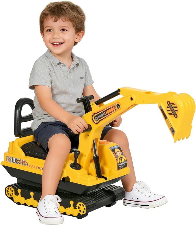 HOMCOM Qaba No Power Ride On Excavator Toy Tractors Digger Movable Scooter Walker Pretend Play Toddler Construction Truck Basket Storage for Boys Girls 18-48 Months Yellow Black