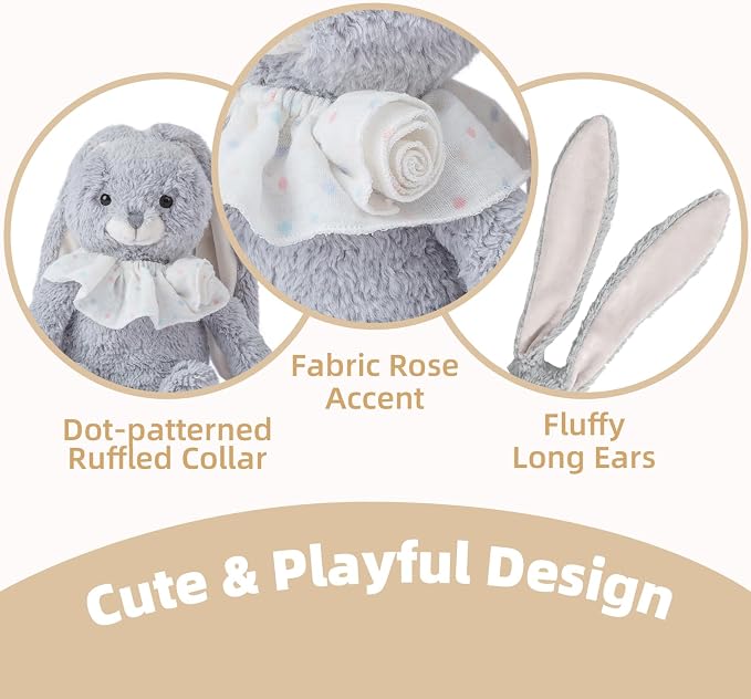 Bunny Stuffed Animal Soft Rabbit Cuddly Toy 8'' Long - Eared Plush Bunny with Ruffled Collar Plush Toys for Babies and Toddlers