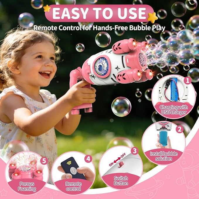 Bubble Gun for Kids, Automatic Rocket Bubble Machine, Handheld & Bicycle Use, Rechargeable Bubble Blower with Solution & LED Light, Summer Outdoor Toy, Gift for Boys Girls Age 3 4 5 6 7 8-12 (Pink)