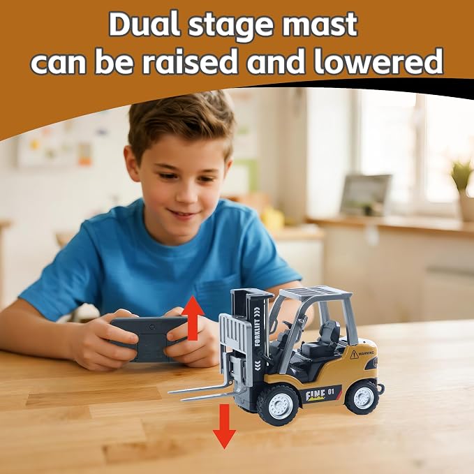 GRANTLEY Remote Control RC Forklift Cranes,1/64 Mini Rechargeable Forklift Truck,2 in 1 Transform Lift Fork & Hook, w/Boxes/Sound and Light, Forklift Toy RC Construction Vehicles Toy Gift for Kids