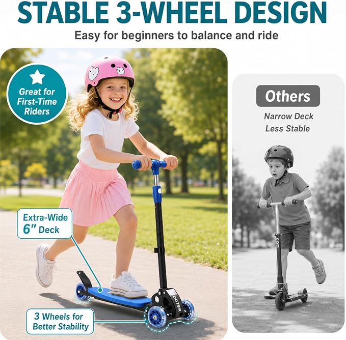 Kids Kick Scooter for 3-12,Lean-to-Steer 3 Wheel Scooter for Beginners with Light-Up Wheels,3 Adjustable Handlebar 27.5"–33",6-Inch Wide Deck,Rear Foot Brake,Foldable Scooter for Boys & Girls