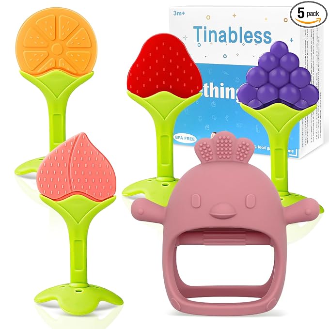 Tinabless Baby Teething Toys 5 Pack, Food Grade Silicone Teething Mitten & Teethers for Babies 3-12 Months, BPA-Free Infant Chew Toys for Teething Relief, Easy-Grip, Freezer Safe, Coral Red