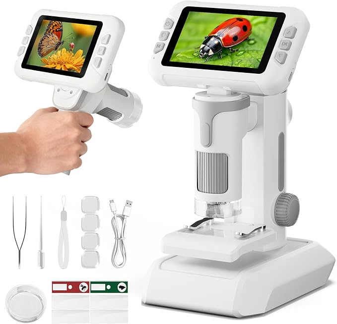 1600X Microscope for Kids, 1080P 4.0" Digital Screen Kids Microscopes with Slides Kit, Educational Science Toys for Christmas Birthday Gifts for 3-14 Year Old Children Students