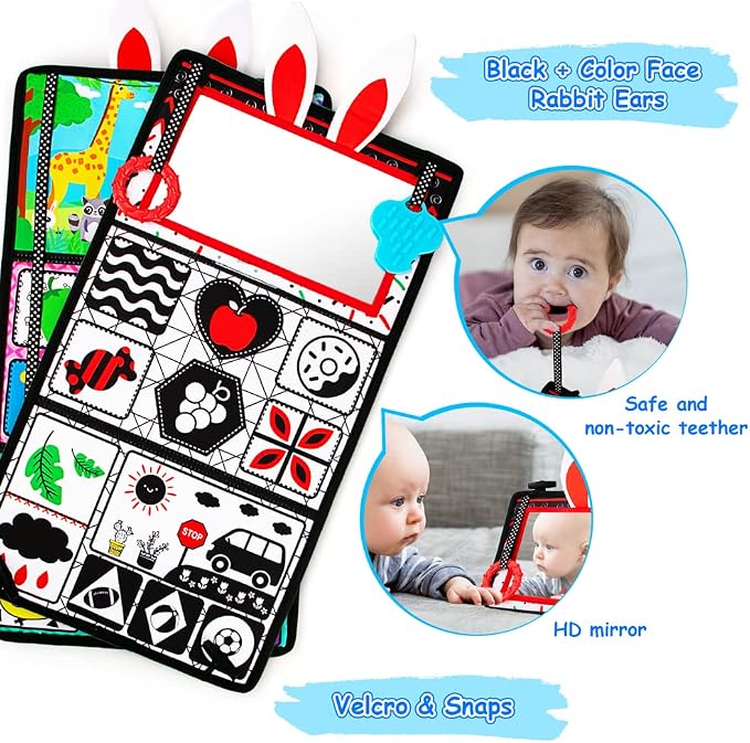 Tummy Time/Baby Mirror Toys, Black and White High Contrast Tabletop Mount Baby Newborn Toys 0 3 6 Months Brain Development, Sensory Texture Piano Infant Toys 0 3 6 Months with Squeaker