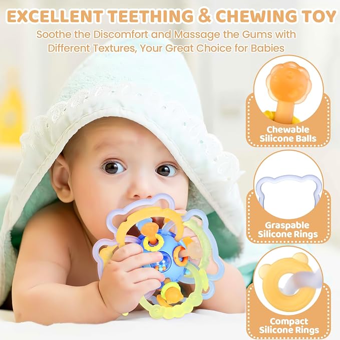 Baby Rattle Teething Toys, Baby Ball Teether Toys for 0 3 6 9 12 18 Months, Silicone Montessori Teethers with Rattle Ball for Newborn Infant, Sensory Delopmental Gift for Boys Girls, Blue