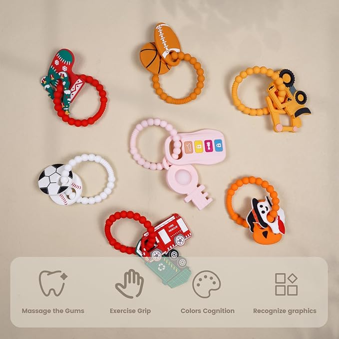 Silicone Baby Ring Toy with Baseball,Soccer Teethers,Must Haves Teething Relief Chew Toys for 0-6,6-12 Months Boys and Girls,Newborns Essentials,Safe and Soft,BPA Free.