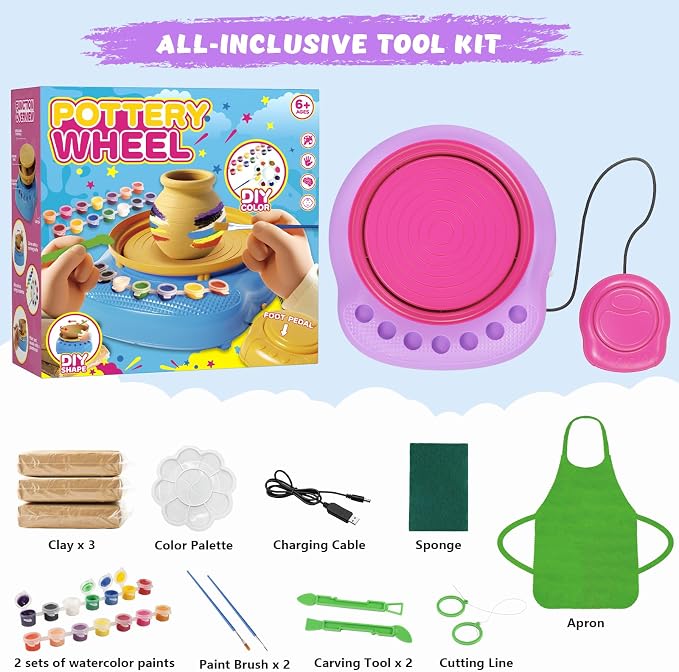 Pottery Wheel for Kids with Complete Clay Kit,Beginner Pottery Painting Set with Air Dry Clay,12 Paints,Sculpting Tools,Apron and Guide,Arts and Crafts Christmas Birthday Gift for Girls Boys Ages 6-12