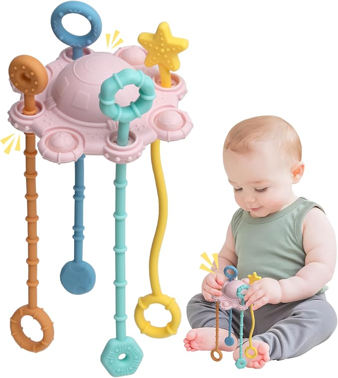 Montessori Pull String Toy Silicone Travel Toy | Food Grade Silicone Early Development Toy, Fine Motor Skills Sensory Toys, Montesorri Gifts (Pink)