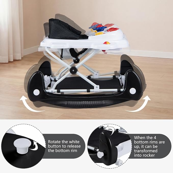 INFANS Baby Walker, 5 in 1 Behind Walker Learning Seated Rocker Bouncer with Removable Music Tray, Adjustable Height, Washable Seat Cushion, Foldable Activity Center for Toddlers (Dark)