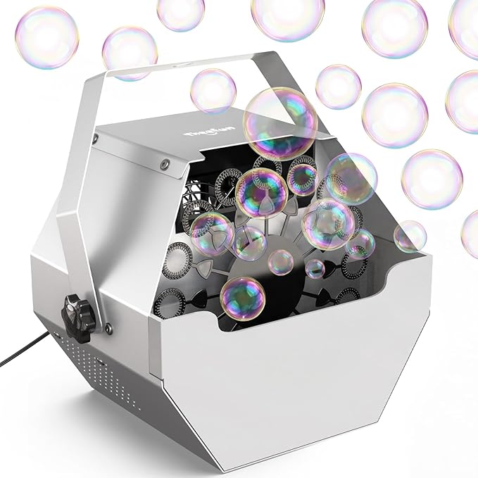 Theefun Bubble Machine: 750ML Metal Automatic Bubble Maker, Portable Professional Bubble Blower Operated by Plug-in Bubble Machine for Parties Weddings Indoor and Outdoor Use, Silver-Gray