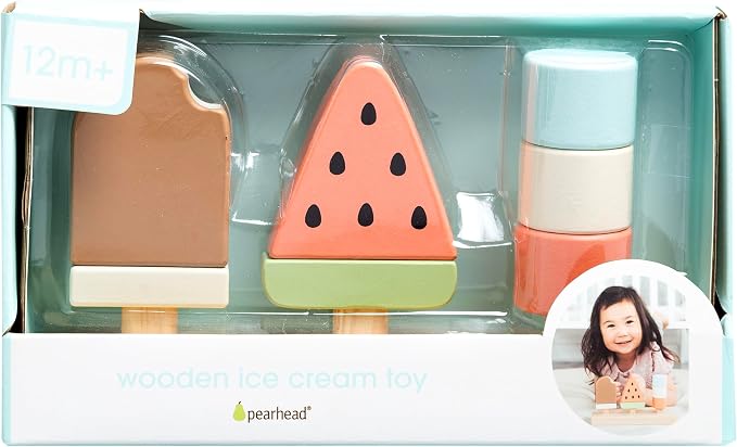 Pearhead Wooden Stacking Toy – Ice Cream Mix & Match Pretend Play Food, FSC-Certified, Montessori Toy Develops Fine Motor Skills & Hand-Eye Coordination, Boys and Girls, 1 Year Old+