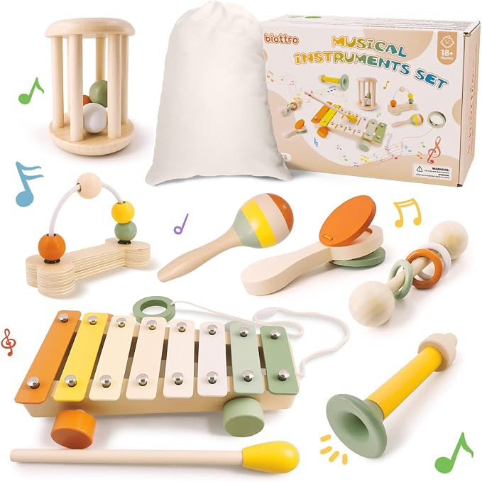 Wooden Musical Instruments for Toddlers 2+ Year Old Montessori Xylophone Maracas Clapper Rattles Trumpet Baby Musical Toys with Storage Bag Gifts for Boys Girls