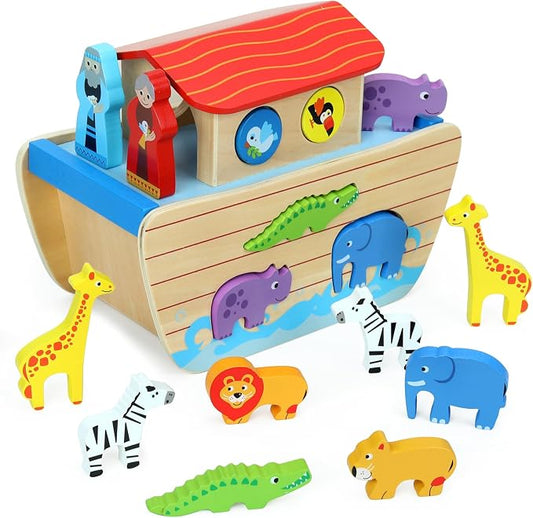 Wooden Noah's Ark Toy Animal Playset for Toddlers, Shape Sorter Early Learning Montessori Toys, Baptism Gifts for 1 2 3 Year Old Boys Girls