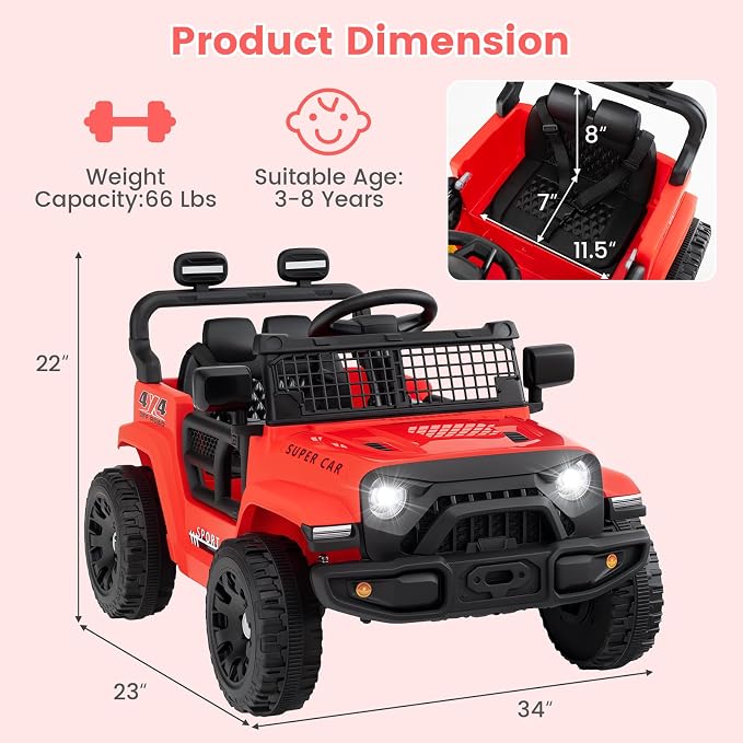 OLAKIDS 12V Ride On Truck, Battery Powered Electric Vehicle for Kids with Remote Control, Foldable Reflective Mirror, Spring Suspension, Music, LED Lights, Ride on Toy for 3+ Boys Girls (Red)