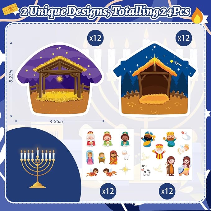 PAIVSUN 24Pcs Nativity Craft Sticker, Make a Nativity Scene Stickers DIY Hanukkah Christmas Crafts Kits for Xmas Tree Ornament Classroom Religious Christian Party Game Supplies, 2 Designs