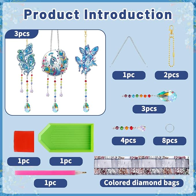 Arts and Crafts for Girls Ages 6-12, DIY Diamond Painting Kits for Kids Teens Adults, Birthday Gifts for 6 7 8 9 10 11 12 Year Old Girls, Peacock Butterfly Feather Wind Chimes for Home Garden Decor