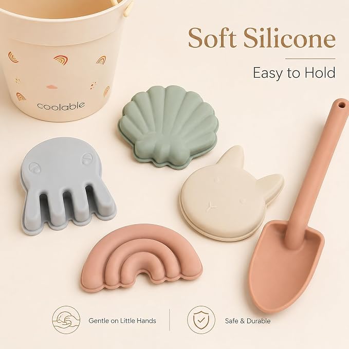 6-Piece Silicone Beach Toys Set for Kids - Foldable Sand Bucket, Shovel, 4 Sand Molds and Mesh Bag - Rainbow