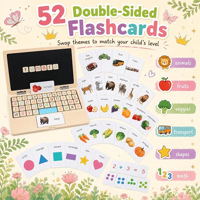 Montessori Toys 4 Year Old Girl Birthday Gifts 11.8" Floral Laptop, Homeschool Essentials, Educational Learning Pretend Play, Toddlers Toys, Customized Flashcards Learning