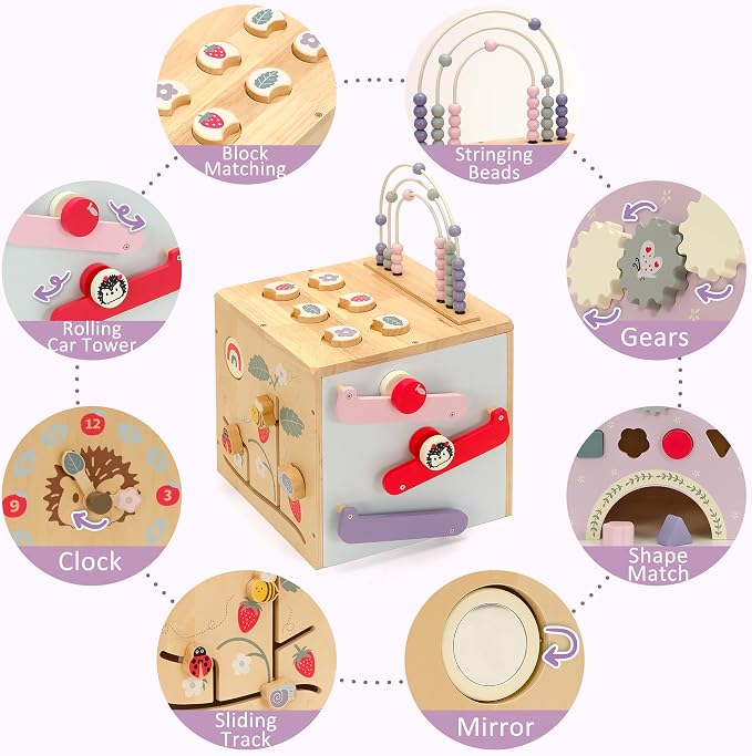 Pillowhale Wooden Activity Cube, Baby Montessori Toys for 1 Year Old | 8 in 1 Activity Center with Bead Maze, Shape Sorter, Sliding Tracks & Clock, Educational Learning Toys, 19.5"X11.6"X11.6"