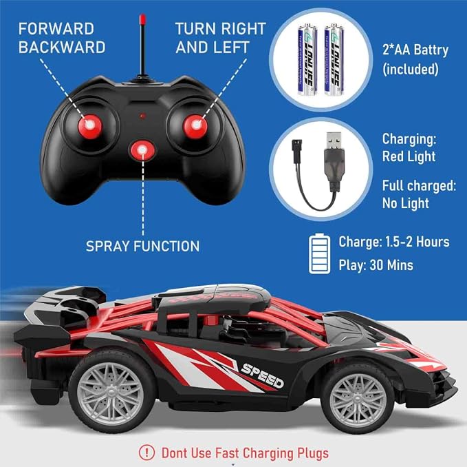 1/18 RC Car for Kids with Rechargeable Battery, LED Lights & Spray - Remote Control Car for Boys, Small RC Drift Cars for Ages 4-7 8-12(Black & Red)