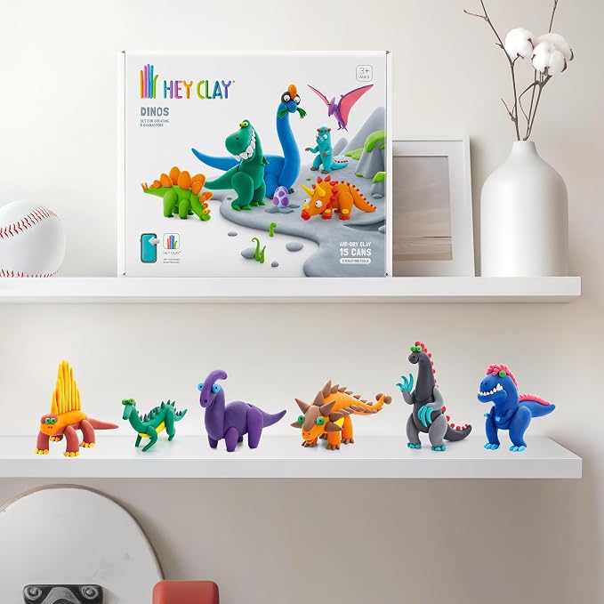 HEY CLAY Set - Colourful Modeling Air Dry Clay Kit for Kids 15 cans and Sculpting Tools with Fun Interactive Instructions App - Children 3+ (Mega Dinos)
