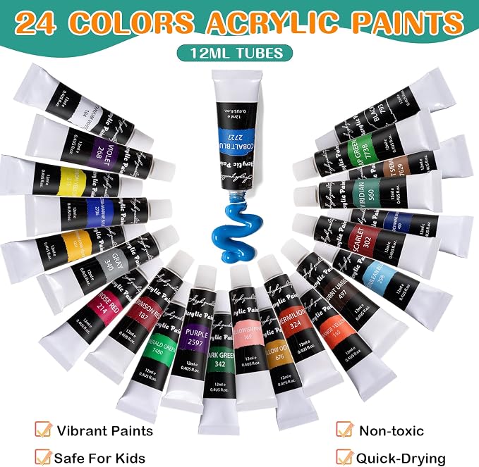 koseibal Acrylic Art Set with 24 Acrylic Paints, 8 DIY Wooden Stencils 5 Canvas Panels 8 Brushes, Table Easel, Etc, Painting Supplies Kit for Kids Students Artists and Beginner