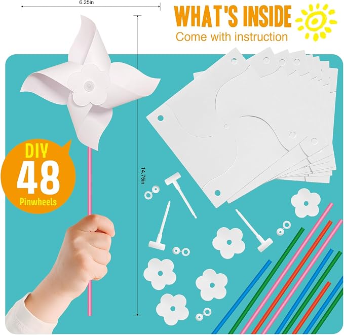 KwestSync 48 Pack DIY Pinwheels for Kids - Bulk Spring Summer Crafts for Kids 3-5, 4-6, 4-8, Color Your Own Paper Windmill - Great Activity for July 4th Patriotic Classroom Birthday