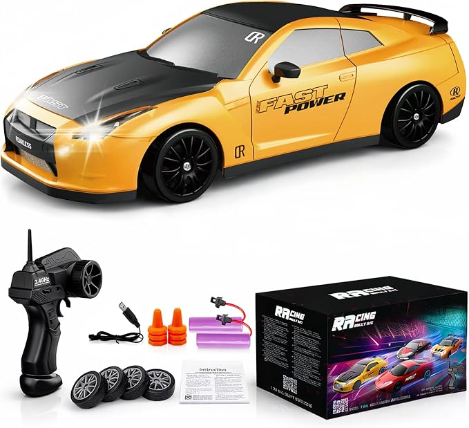 Remote Control Car RC Drift Car 2.4GHz 1:24 Scale 4WD 20KM/H High Speed Model Vehicle with LED Lights Drifting Tire Racing Sport Toy Car for Adults Boys Girls Kids Gift 2Pcs Rechargeable Batteries