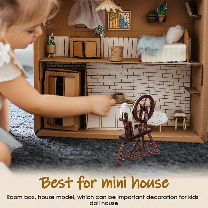 Toyvian Dollhouse Wooden Spinning Wheel, 1:12 Scale Vintage Miniature Hand Reeling Machine Furniture Tiny Toy House Accessory for Fairy Garden Kids Playhouse