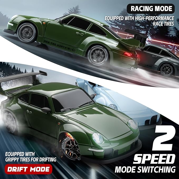 RC Drift Car, 1:24 Scale Remote Control Vehicle with LED Lights, 2.4GHz 20KM/H 4WD High Speed RC Cars, Drifting Tires＆Two Batteries, Racing Sports Toy Idea Gift for Adults Boys Girls and Kids