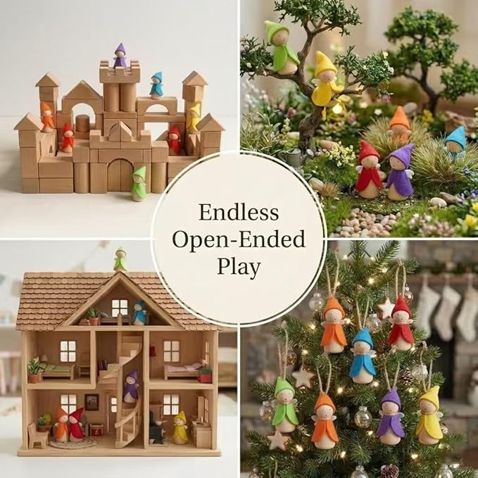 6 Pcs Wooden Elf Figures, Miniature Dollhouse Accessories for Kids Ages 3+, Cute Wood Gnome Peg Dolls for Small Fairy Garden Decor | Non-toxic paint | 3 inches tall | Safe for toddlers 3+ | Perfect for dollhouse & fairy garden | Sensory play | Birthday...