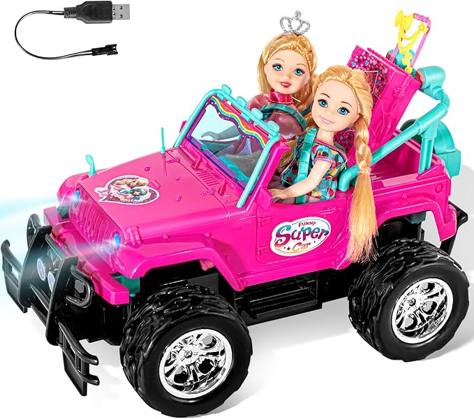ULOVEME Purple Je ep Remote Control Car for Girls with 5.5" Doll & LED Lights, 2.4GHz Off-Road Trucks, 1:16 Scale Remote-Control Toy Car Holds 2 Dolls (Pink Car)