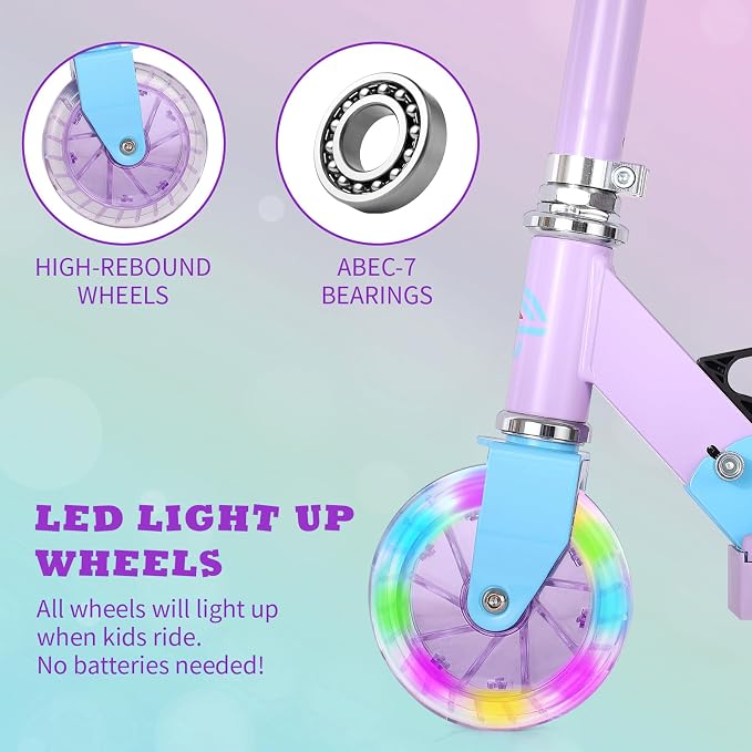 Scooters for Kids with Light-Up Wheels, Stem and Deck, Lightweight Foldable, 3 Adjustable Height Scooters for Kids 8-12