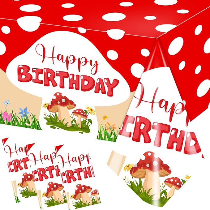 Mushroom Birthday Party Decorations, 3PCS Mushroom Tablecloth Plastic Table Cloth for Mushroom Party Decorations