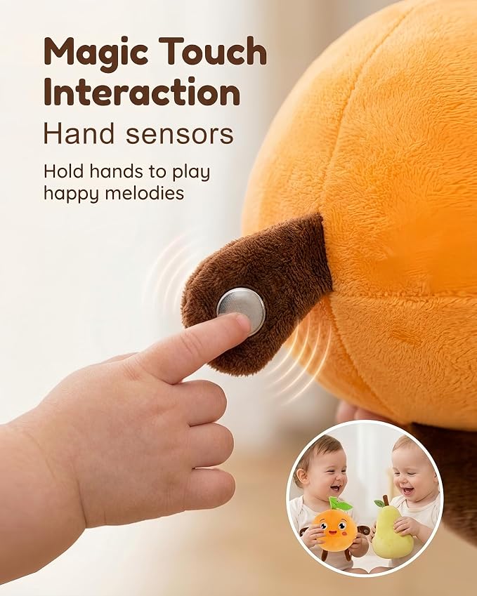 Soft Plush Musical Sensory Toy, Interactive Plush Toy with Sounds, Skin Touch Activated Sound Doll, Dual Mode Educational Toy, Fruit Style Gift for Baby Kids Boys Girls All Ages (Orange)