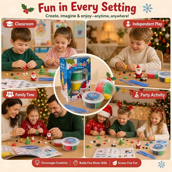 Air Dry Clay for Kids, 4 Christmas Mini Modeling Clay Sets, DIY Snowman Model Magic Clay Kit with Tools & Tutorials, Christmas Stocking Stuffers for Kids, Creatible Art Crafts Toys Gifts Xmas Gift