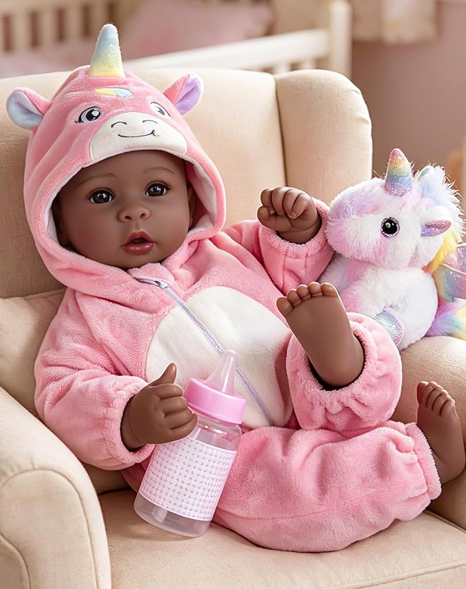 Aori 17 Inch Black Baby Dolls Realistic Black Doll with Light Weighted Soft Body & Pink Outfits for Girls 3+ | Pretend Play, Dress Up, Nursery Decor