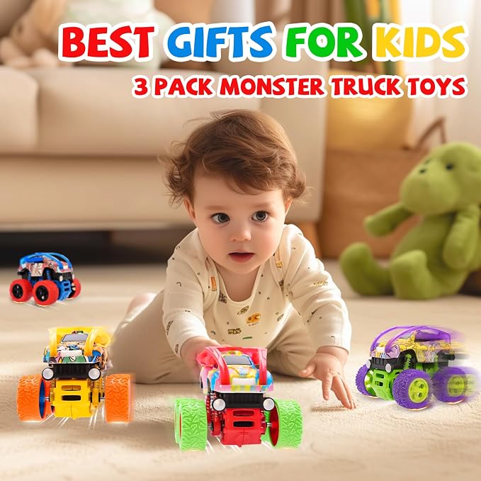 Monster Truck for Boys 3 4 5 6 7 Year Old,4 Pack Push and Go Friction Powered Car Toys, Double-Directions Inertia Pull Back Vehicle Set,Birthday Party Gift for Kids (Type_D)