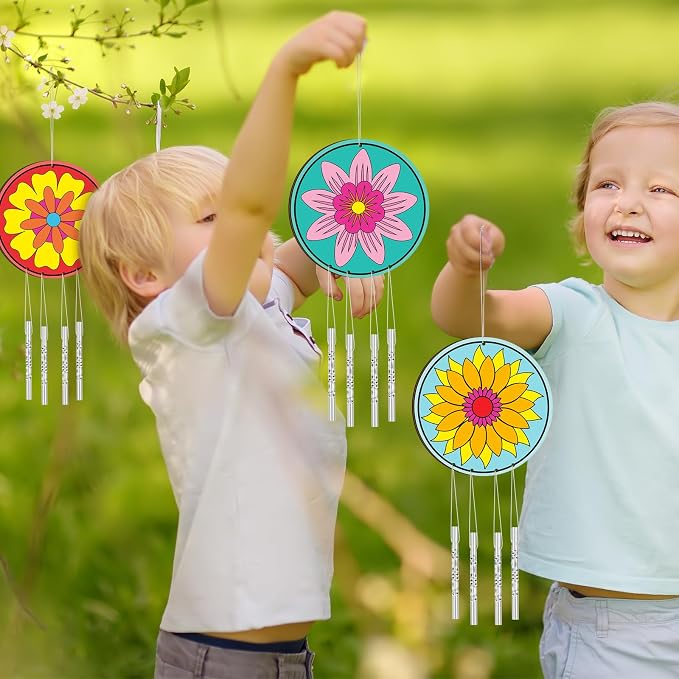 Silipull 24 Sets Summer Flower Wind Chimes Craft for Kids Back to School Color Your Own Windchime DIY Unfinished Wood Hanging Ornament Coloring Wind Chime for Kid Graduation Gift Party Supply