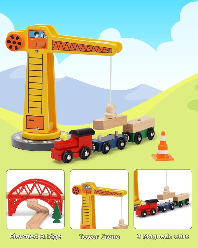 SainSmart Jr. Wooden Train Set for Toddler, 41pcs Wood Train Track w/Crane Fits Brio, Thomas, Melissa and Doug, Kids Wood Toy Train for Kids Ages 3+