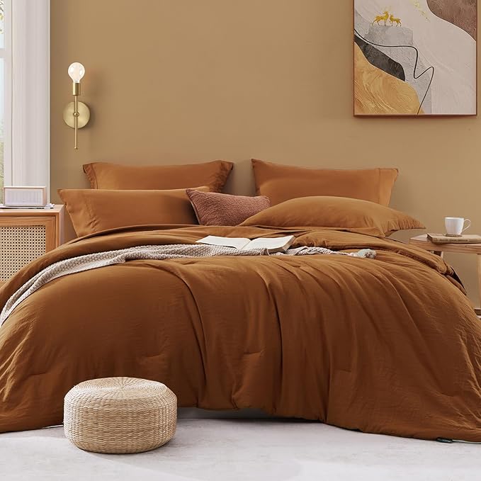 WRENSONGE Queen Comforter Set- 7 Pieces Terracotta Bed in a Bag Queen with Fitted Sheet, Flat Sheet, 2 Shams, and 2 Pillowcases- Warm Bedding Sets for All Season