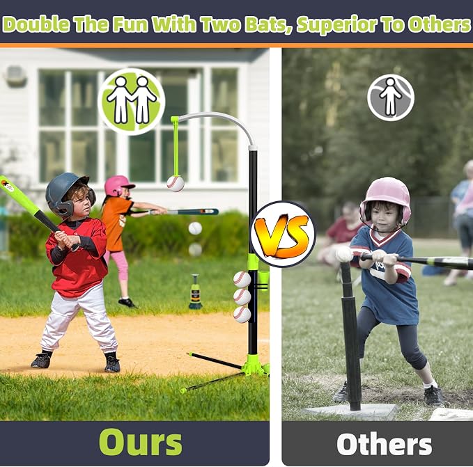 4-in-1 LED Baseball Set for Kids, Adjustable Height Hanging Tee Set with 2 Bats, Teeball Hitting Stand, Ball Launcher, Toss and Catch Ball Set, Sport Toys Outdoor/Indoor for Toddlers Boys Girls