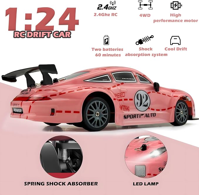 HTURCCOP RC Drift Car 2.4GHz 1:24 Scale 4WD High Speed Remote Control Cars Vehicle with LED Lights Two Batteries and Drifting Tires Racing Sport Toy Cars for Adults Boys Girls Kids Pink