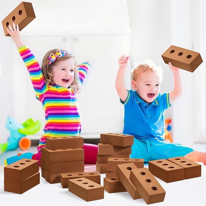 Deekin Foam Brick Building Blocks for Kids Thick Blocks Foam Large Fake Brick Construction Toy for Stacking Construction Gifts, 8 x 4 x 2.4 in(20 Pcs,Circle Holes)
