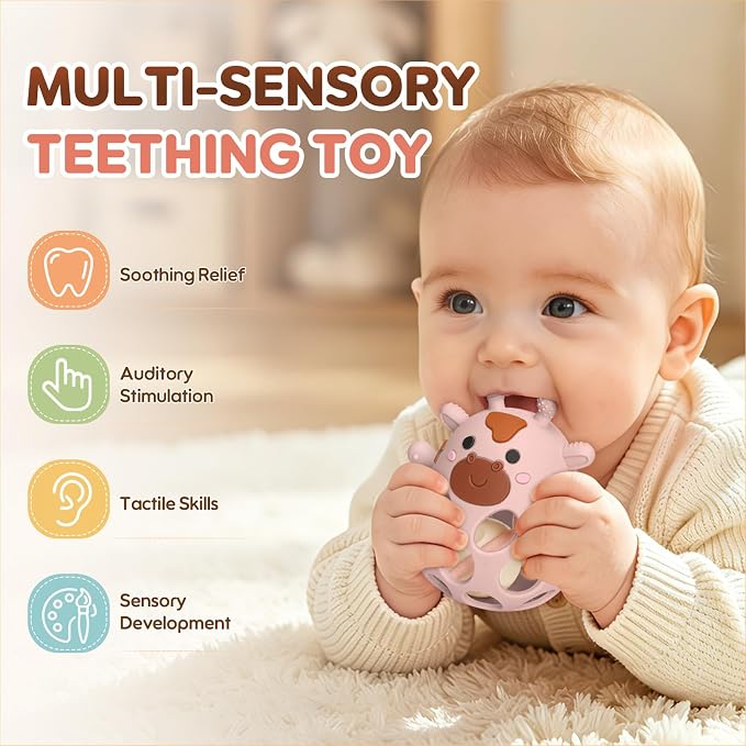 Baby Teething Toys 3-6 6-12 Months, Teether Toy with Rattle 0-6 Months, Newborn Silicone Teether Chew Toys for Infants 3 6 9 12 18 Months, Easy-Grip Hole, Baby Shower Gifts for Boys Girls