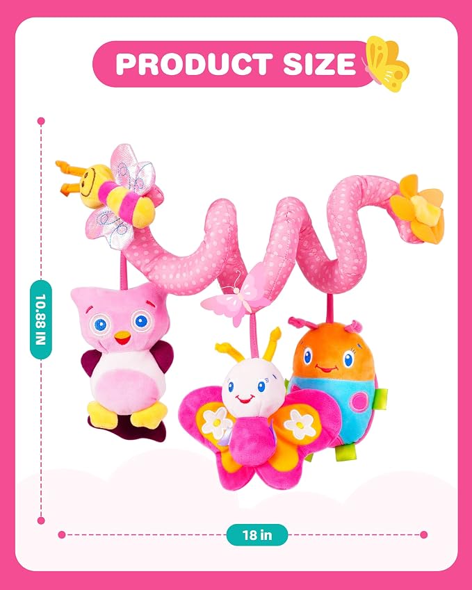 Jollybaby Crib Stroller Car Seat Toys for Baby 0-3-6-9-12 Months, Tummy Time Hanging Sensory Toys for Newborn with Music Box and Teether, Spiral Carseat Toy for Infant Boys Girls Gifts (13-Pink)
