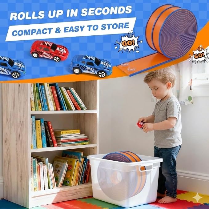 15 Ft Flexible Race Track for Kids, DIY Car Track Set with 2 Toy Cars & 3 Suction Cup Ramps, Easter Basket Stuffers for Teens & Boys Girls, Creative Easter Gifts for Kids, Orange