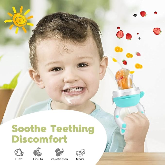 Baby Fruit Food Feeder Pacifier - Fresh Teething Pacifiers, Infant Fruit Teething Teether Toy for 3-24 Months, 6 Pcs Silicone Pouches for Toddlers & Kids & Babies, Piggy Handle 2-Pack (Yellow)